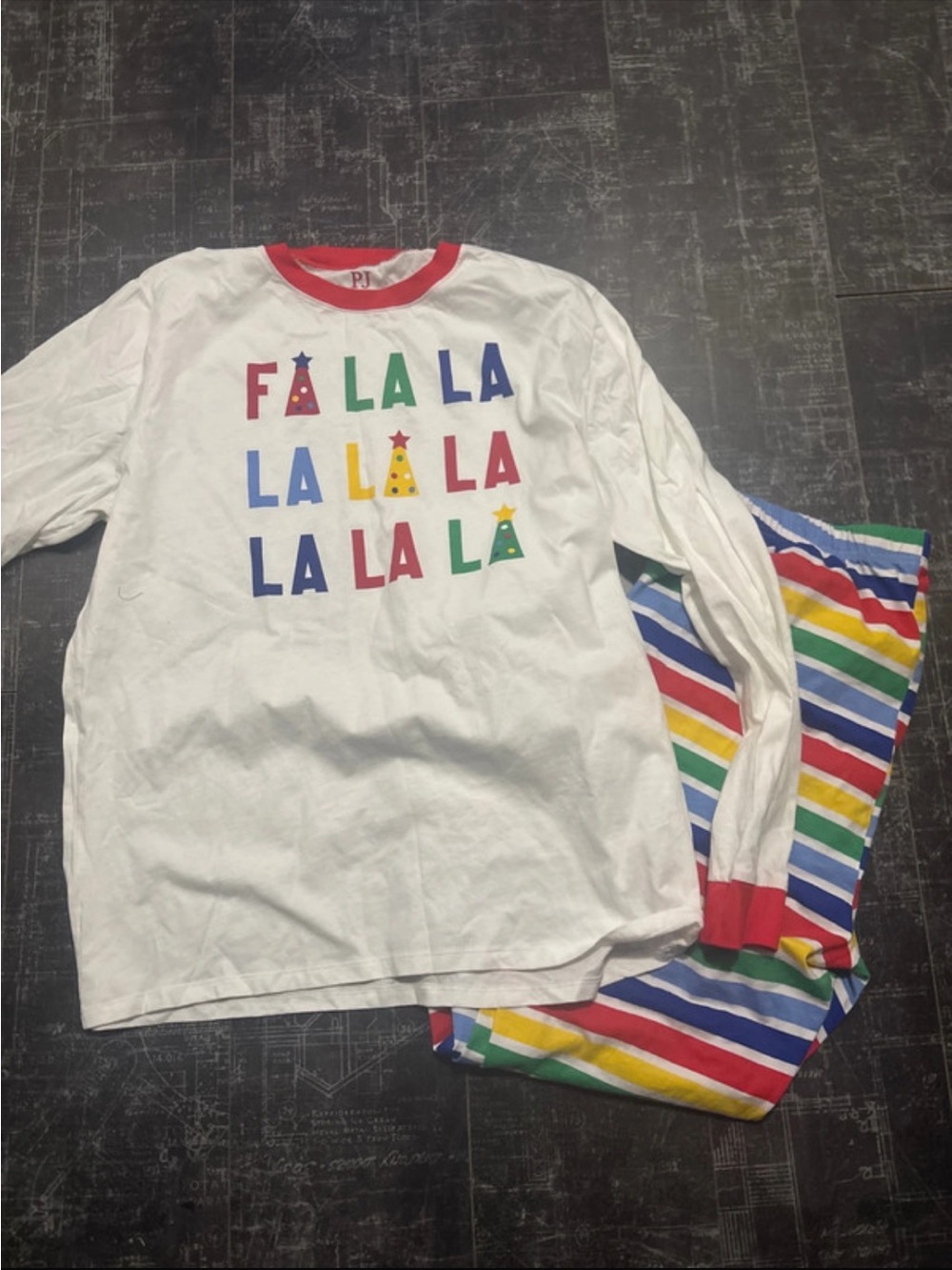 Mens White 'Fa La La' Holiday Pajama Set with Rainbow Stripes six
